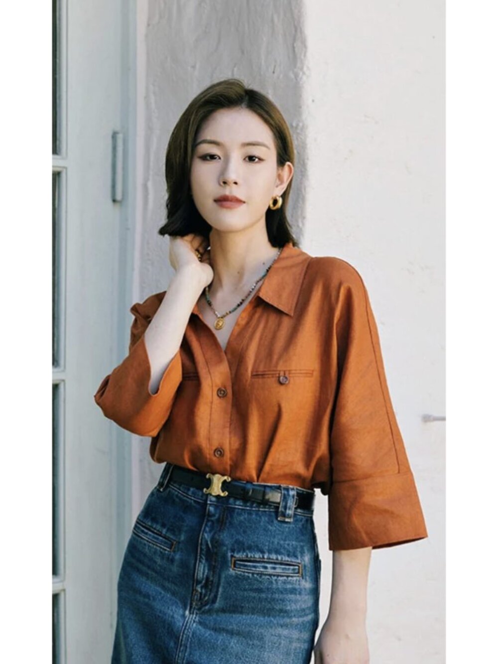 PETITE STUDIO NYC X SUGGYL Antoine Linen Blouse Ginger Small Minimalist Preppy